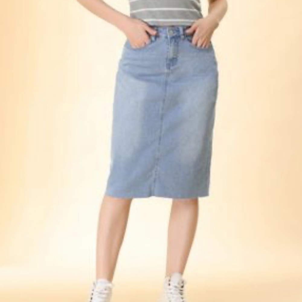 stretchy denim midi skirt